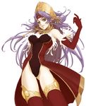  angela_(seiken_densetsu_3) breasts choker dress elbow_gloves gloves grand_devina green_eyes hair_tubes headdress highleg highleg_leotard large_breasts legs leotard long_hair looking_at_viewer pointy_ears purple_hair red_leotard seiken_densetsu seiken_densetsu_3 seqet-aru thigh_gap thighhighs thighs 