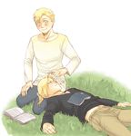  alphonse_elric blonde_hair blush book brothers edward_elric fullmetal_alchemist grass lap_pillow multiple_boys pai_(1111) pants siblings sleeping smile zzz 