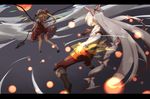  battle blonde_hair boots bow danmaku duel flandre_scarlet flying fujiwara_no_mokou full_moon glowing glowing_eyes hair_bow kokotetsu laevatein long_hair md5_mismatch moon multiple_girls night red_moon short_hair silver_hair smile suspenders touhou very_long_hair wings 