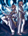  bad_id bad_pixiv_id blue_background brown_hair coat cosplay dual_wielding full_body hair_over_one_eye higano_shou holding kratos_aurion kratos_aurion_(cosplay) lloyd_irving male_focus multiple_boys pants red_hair shoes sword tales_of_(series) tales_of_symphonia weapon 