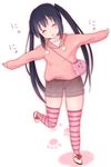  bag black_hair closed_eyes handbag hood hoodie k-on! long_hair nakano_azusa outstretched_arms solo spread_arms striped striped_legwear tateshina thighhighs twintails 