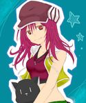  1girl breasts cross hat hood midriff misaki_shiki pink_hair red_eyes subarashiki_kono_sekai 