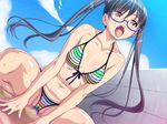  ahegao beach bikini black_hair breasts cameltoe covered_nipples day eroge! game_cg glasses hamashima_shigeo kosaka_iori long_hair multicolored multicolored_stripes open_mouth outdoors purple-framed_eyewear red_eyes saliva shiny shiny_skin small_breasts solo squatting striped striped_bikini swimsuit tongue twintails 