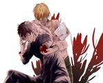  apple azuazuazu19 blonde_hair book brown_eyes brown_hair cross cross_necklace fate/zero fate_(series) food fruit gilgamesh jewelry kotomine_kirei male_focus multiple_boys necklace red_eyes white_background 