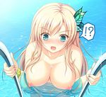  1girl aqua_eyes bikini blonde_hair blue_bikini boku_wa_tomodachi_ga_sukunai breasts bust_cup butterfly_hair_ornament cleavage fang hair_ornament kashiwazaki_sena korotan large_breasts long_hair nipples open_mouth pool pool_ladder puffy_nipples solo swimsuit untied untied_bikini wardrobe_malfunction water 