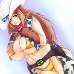  1girl artist_request belt bikini breasts brown_hair cow_print cowboy_hat cowgirl female green_eyes gun hat huge_breasts long_hair solo swimsuit weapon western winterweather 