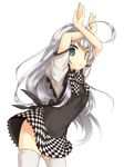  ahoge arms_up bad_id bad_pixiv_id bow checkered checkered_skirt green_eyes haiyore!_nyaruko-san hariko huge_ahoge long_hair nyarlathotep_(nyaruko-san) open_mouth shirt silver_hair skirt solo thighhighs vest white_legwear 