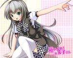  ahoge blush checkered checkered_skirt green_eyes haiyore!_nyaruko-san long_hair nyarlathotep_(nyaruko-san) ok-ray open_mouth outstretched_arm silver_hair skirt smile solo thighhighs very_long_hair white_legwear 