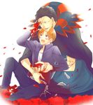  bad_id bad_pixiv_id blood blue_hair blush caster_(fate/zero) fate/zero fate_(series) flower male_focus multiple_boys orange_hair petals red_flower red_rose rose shoko_makiko spoilers uryuu_ryuunosuke white_background 