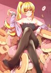 bakemonogatari bare_shoulders blonde_hair breasts brown_legwear crossed_legs detached_sleeves doughnut fang food high_heels highres holding kiss-shot_acerola-orion_heart-under-blade long_hair monogatari_(series) nisemonogatari older oshino_shinobu pantyhose red_eyes shoes side_ponytail sitting small_breasts solo teenage uousa-ou yellow_eyes 
