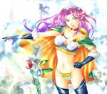  angela_(seiken_densetsu_3) bikini breasts cape cleavage earrings gloves green_eyes hand_on_hip hat highres jewelry large_breasts long_hair magus_(seiken_densetsu_3) midriff navel open_mouth pointy_ears purple_hair ruri_(magnolia) seiken_densetsu seiken_densetsu_3 staff swimsuit thighhighs thighs 