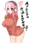  breasts headphones large_breasts light_smile long_hair naked_sweater nitroplus pink_hair red_eyes ribbed_sweater ririfu simple_background solo super_sonico sweater translated white_background 
