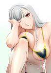  arm_support bikini breasts gradient gradient_background large_breasts lips lipstick long_hair looking_at_viewer makeup navel one_eye_closed pout red_eyes selvaria_bles senjou_no_valkyria senjou_no_valkyria_1 silver_hair solo swimsuit ueyama_michirou unaligned_breasts 