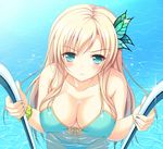  aqua_eyes bikini blonde_hair blue_bikini blush boku_wa_tomodachi_ga_sukunai breasts bust_cup butterfly_hair_ornament cleavage covered_nipples hair_ornament kashiwazaki_sena korotan large_breasts long_hair pool pool_ladder solo swimsuit water 