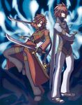  bad_id bad_pixiv_id blue_background brown_hair coat dual_wielding full_body hair_over_one_eye higano_shou holding kratos_aurion lloyd_irving male_focus multiple_boys pants red_hair shoes sword tales_of_(series) tales_of_symphonia weapon 