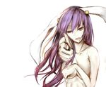  animal_ears bad_id bad_pixiv_id breast_hold breasts bunny_ears collarbone covering covering_breasts finger_gun long_hair looking_at_viewer medium_breasts nude open_mouth outstretched_arm pointing pointing_at_viewer purple_hair red_eyes reisen_udongein_inaba solo touhou upper_body yukizumi_remon 