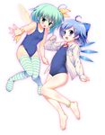  ahoge alternate_hairstyle anklet barefoot blue_eyes blue_hair blush bow breasts cirno daiyousei error fairy_wings fang flat_chest green_eyes green_hair green_legwear hair_bow hair_ornament hair_ribbon hairpin highres ice ice_wings jewelry long_hair multiple_girls one-piece_swimsuit open_clothes open_mouth open_shirt pikazo ribbon school_swimsuit shirt short_hair side_ponytail small_breasts striped striped_legwear swimsuit thighhighs touhou wings 
