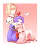  :t ^_^ alice_margatroid blonde_hair blue_hair blush capelet chin_tickle closed_eyes dress hand_on_another's_face hat heart kneeling mochinabe multiple_girls pout red_eyes remilia_scarlet sitting smile speech_bubble spoken_blush star touhou 