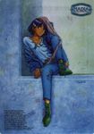  artist_request boots contemporary denim denim_jacket earrings english fushigi_no_umi_no_nadia green_eyes hair_ornament hairclip hand_on_own_head jeans jewelry nadia necklace non-web_source pants purple_hair scarf sitting solo torn_clothes torn_jeans torn_pants windowsill 