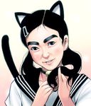  animal_ears bad_id bad_pixiv_id bell black_hair cat_ears cat_tail choker eyebrows imoto_ayako masao real_life school_uniform smile solo tail thick_eyebrows twintails upper_body 