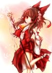  amanojaku ascot bad_id bad_pixiv_id blush bow brown_hair cherry_blossoms detached_sleeves hair_bow hair_tubes hakurei_reimu highres red_eyes shoes smile solo staff touhou 