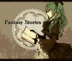 book commentary_request crimsonseed dress gloves green_eyes green_hair hatsune_miku long_hair profile solo vocaloid 