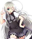  ahoge arm_up bow fang green_eyes haiyore!_nyaruko-san hand_on_hip highres huge_ahoge kamanatsu long_hair nyarlathotep_(nyaruko-san) one_eye_closed open_mouth pointing pointing_up shirt silver_hair skirt smile solo thighhighs white_legwear zettai_ryouiki 