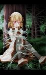  bad_id bad_pixiv_id blonde_hair blush bound dress drill_hair fairy_wings hat highres letterboxed luna_child open_mouth pantyhose s-syogo silk solo spider_web tears tied_up torn_clothes torn_legwear torn_wings touhou tree wings 