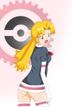  1girl artist_request ass blonde_hair dress earrings elbow_gloves gloves highres jewelry legwear lipstick long_hair makeup open_mouth poke_ball pokeball pokemon purple_eyes solo surprised team_rocket thighhighs white_gloves white_legwear yamato_(pokemon) 