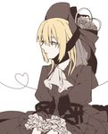  a-tsuki artoria_pendragon_(all) bad_id bad_pixiv_id banned_artist blonde_hair bonnet dress fate/stay_night fate_(series) flat_color gothic_lolita hat heart heart_of_string lolita_fashion puffy_sleeves saber_alter simple_background solo yellow_eyes 