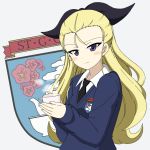  1girl assam black_neckwear black_ribbon blonde_hair blue_eyes blue_sweater closed_mouth cup dress_shirt emblem girls_und_panzer hair_pulled_back hair_ribbon head_tilt holding holding_cup ichinose_jun light_blush long_hair long_sleeves looking_at_viewer necktie ribbon saucer school_uniform shirt simple_background smile solo st._gloriana&#039;s_(emblem) st._gloriana&#039;s_school_uniform steam sweater teacup upper_body v-neck white_background white_shirt wing_collar 