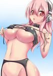  blush breasts collar groin headphones highres large_breasts long_hair looking_at_viewer mitsuru_(madeinore) nitroplus open_mouth out-of-frame_censoring pink_eyes pink_hair solo super_sonico underboob 