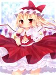  :&lt; abandon_ranka arm_up ascot bad_id bad_pixiv_id blonde_hair blue_background blush checkered checkered_background flandre_scarlet frills hand_on_own_chest hat hat_ribbon looking_at_viewer petticoat puffy_short_sleeves puffy_sleeves red_eyes ribbon short_hair short_sleeves side_ponytail skirt skirt_lift solo touhou vest wings wrist_cuffs 