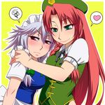  annoyed aqua_eyes beret blush bow braid breasts chinese_clothes frown green_eyes hair_between_eyes hair_bow hand_on_shoulder hat hayashi_custom heart hong_meiling izayoi_sakuya lavender_hair long_hair looking_away maid_headdress medium_breasts multiple_girls neck_ribbon nervous red_eyes red_hair ribbon short_hair short_sleeves simple_background smile spoken_heart spoken_squiggle squiggle touhou twin_braids upper_body very_long_hair yellow_background 