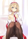  alice_margatroid bare_shoulders black_legwear blonde_hair blue_eyes breasts dress_shirt hairband knees_together_feet_apart nabeshima_tetsuhiro no_bra no_pants off_shoulder panties panties_under_pantyhose pantyhose pantyshot pantyshot_(sitting) shirt short_hair sitting sketch small_breasts solo thighband_pantyhose touhou underwear 