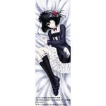  ahoge another artist_request bed black_hair dakimakura dress eyepatch flower frills full_body highres lolita_fashion mary_janes misaki_mei official_art red_eyes rose sample shoes short_hair solo watermark 