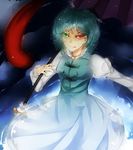  :p aymmogh bad_id bad_pixiv_id blue_hair glowing glowing_eyes green_eyes heterochromia karakasa_obake purple_umbrella red_eyes solo tatara_kogasa tongue tongue_out touhou umbrella 