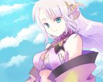  1girl aqua_eyes bare_shoulders breasts cloud inaruna long_hair lowres luminous_arc luminous_arc_3 sky white_hair 