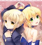  arnoul artoria_pendragon_(all) bad_id bad_pixiv_id bare_shoulders blonde_hair bow dress dual_persona elbow_gloves fate/stay_night fate/unlimited_codes fate_(series) gloves green_eyes hair_bow hair_bun long_hair multiple_girls saber saber_alter saber_lily yellow_eyes 