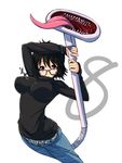 belt black_hair cross cross_necklace denim fangs glasses hunter_x_hunter jeans jewelry looking_at_viewer necklace nekomamire pants red-framed_eyewear shizuku_(hunter_x_hunter) short_hair simple_background solo tongue turtleneck vacuum_cleaner white_background 