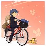  1girl aisaka_taiga bag basket bicycle bicycle_basket black_legwear black_pants blazer blue_hair brown_eyes brown_hair gakuran ground_vehicle jacket loafers long_hair multiple_riders palmtop_tiger pants riding school_bag school_uniform shoes short_hair sidesaddle sitting skirt takasu_ryuuji thighhighs tiger toradora! very_long_hair yucopi 