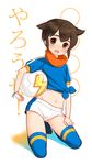  ball blue_legwear blush brown_eyes brown_hair endou_mamoru full_body headband_around_neck inazuma_eleven inazuma_eleven_(series) inazuma_japan kneeling lightning_bolt male_focus midriff navel open_mouth shirt short_shorts shorts smile soccer_ball soccer_uniform solo sportswear sweat thighhighs tied_shirt tooru 