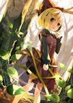  blonde_hair bloomers blush bow brown_eyes bug dress hair_bow insect kurodani_yamame ladybug parted_lips short_ponytail solo strap_slip torn_clothes torn_dress touhou tree underwear zaza_(x-can01) 