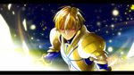  armor bad_id bad_pixiv_id blonde_hair earrings fate/stay_night fate_(series) gilgamesh glowing glowing_eyes hair_down honoakari jewelry letterboxed light_particles male_focus red_eyes solo 