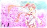  cherry cherry_blossoms closed_eyes detached_sleeves floating_hair food fruit hand_on_own_chest hatsune_miku long_hair necktie object_namesake open_mouth petals pink_hair sakura_miku skirt solo thighhighs twintails very_long_hair vocaloid yukinon_(tsuki_koubou) 