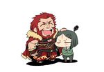  :&lt; anger_vein armor baku_taso beard black_hair bob_cut cape chibi facial_hair fate/zero fate_(series) multiple_boys red_eyes red_hair simple_background waver_velvet white_background 