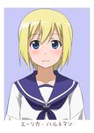  :3 blonde_hair blue_eyes blush character_name erica_hartmann looking_at_viewer school_uniform serafuku short_hair simple_background smile solo strike_witches translated upper_body world_witches_series youkan 