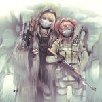  :3 ;p ak-47 ammunition assault_rifle blonde_hair blue_eyes dragunov_svd fingerless_gloves fur_coat ghillie_suit gloves green_eyes gun hairband headphones highres load_bearing_vest mask military military_operator multiple_girls nicole_pmonachi one_eye_closed pixiv_army red_hair rifle short_twintails sniper_rifle tactical_clothes tongue tongue_out twintails v walkie-talkie weapon 