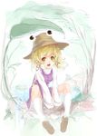  blonde_hair frog hat leaf moriya_suwako nanahara_fuyuki open_mouth short_hair sketch solo touhou white_legwear yellow_eyes 