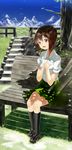 absurdres bad_id bad_pixiv_id bench brown_eyes brown_hair cloud day grass hagiwara_yukiho hajime_kaname hands_on_own_chest highres idolmaster idolmaster_(classic) open_mouth railing short_hair sitting sky smile solo stairs sunlight tree 